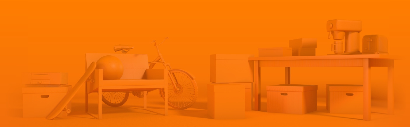 Chair, bicycle, desk, and cardboard boxes.