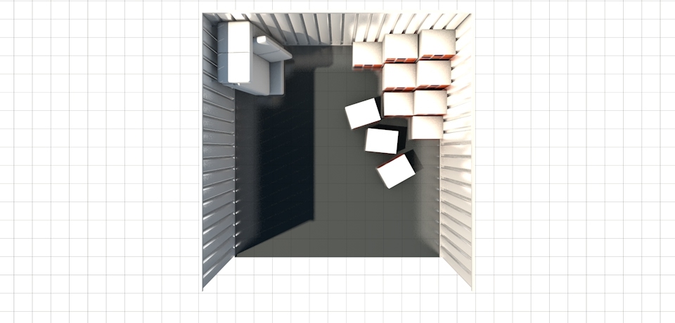 Top-down view of 125 square foot storage unit with sofa and boxes and space.