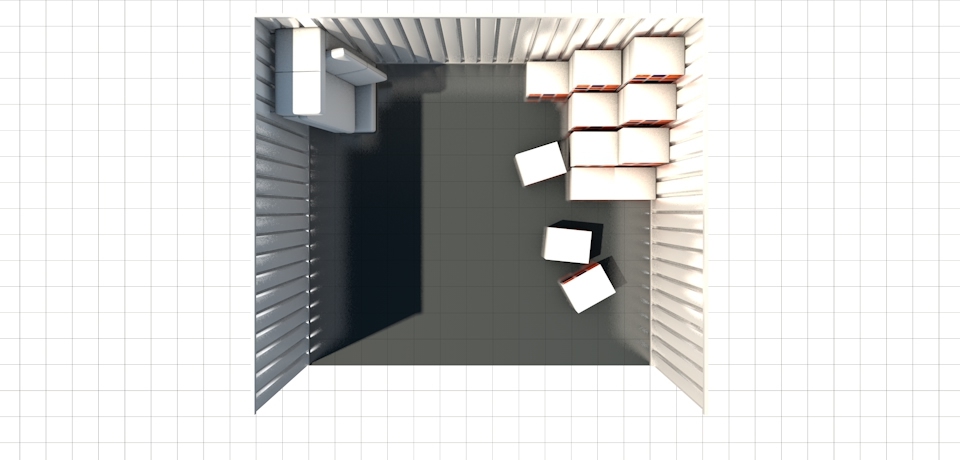 Top-down view of 150 square foot storage unit with sofa and approximately 20m boxes with space.