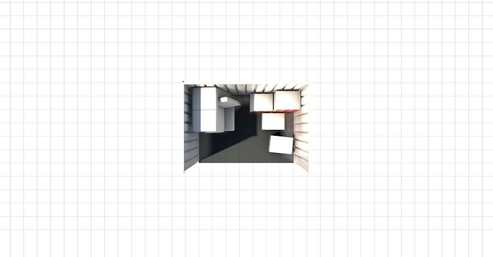 Top-down view of 35 square foot storage unit with a sofa, a few boxes, and space.